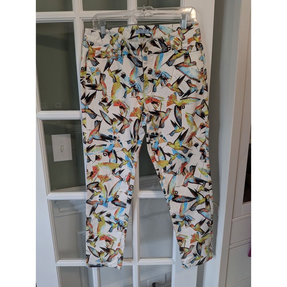 Cynthia Rowley Womens Hummingbird Print Ankle Pants Size 12 White Multi Color